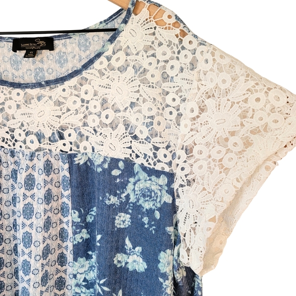 Suzanne Betro Womens Ivory & Blue Floral Lace Blouse Plus Size 4X - Picture 2 of 11